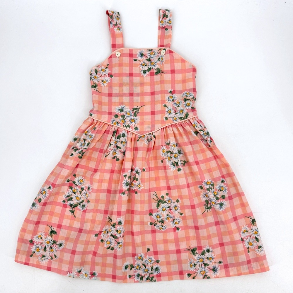 Ceil Ainsworth Girl's Gingham Daisy Floral Vintage Cotton Dress Sz 6 Cottagecore